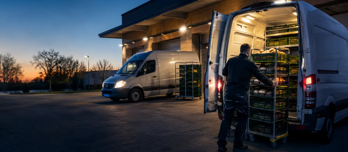 Nächtliche Verladung am Logistikstandort: Rollwagen mit Backwaren werden in zwei Transporter geladen.