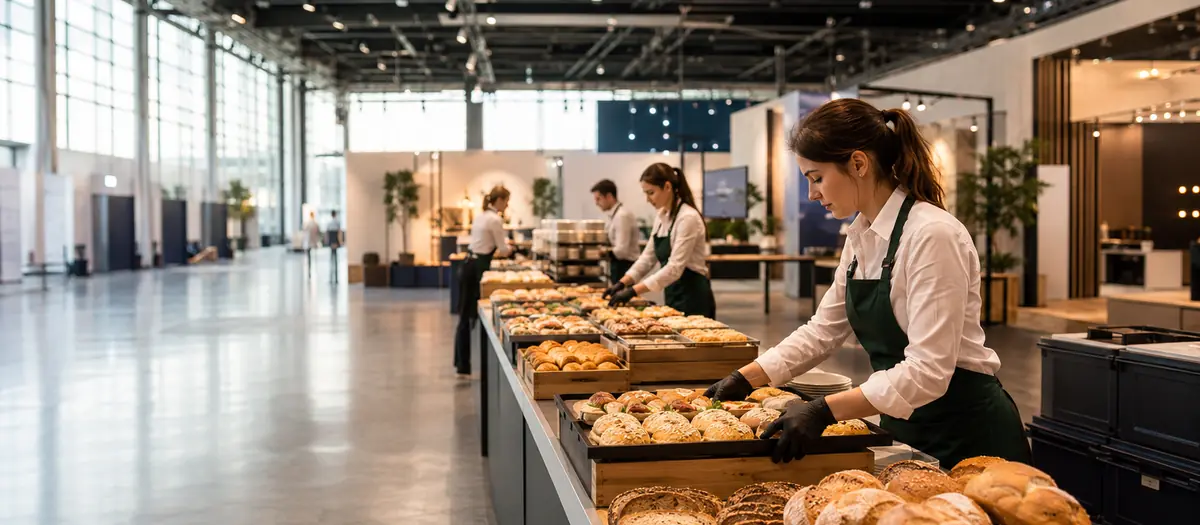 Messecatering in einer Ausstellungshalle: Personal richtet eine lange Buffetzeile mit Brot, Brötchen und Belegtem an.