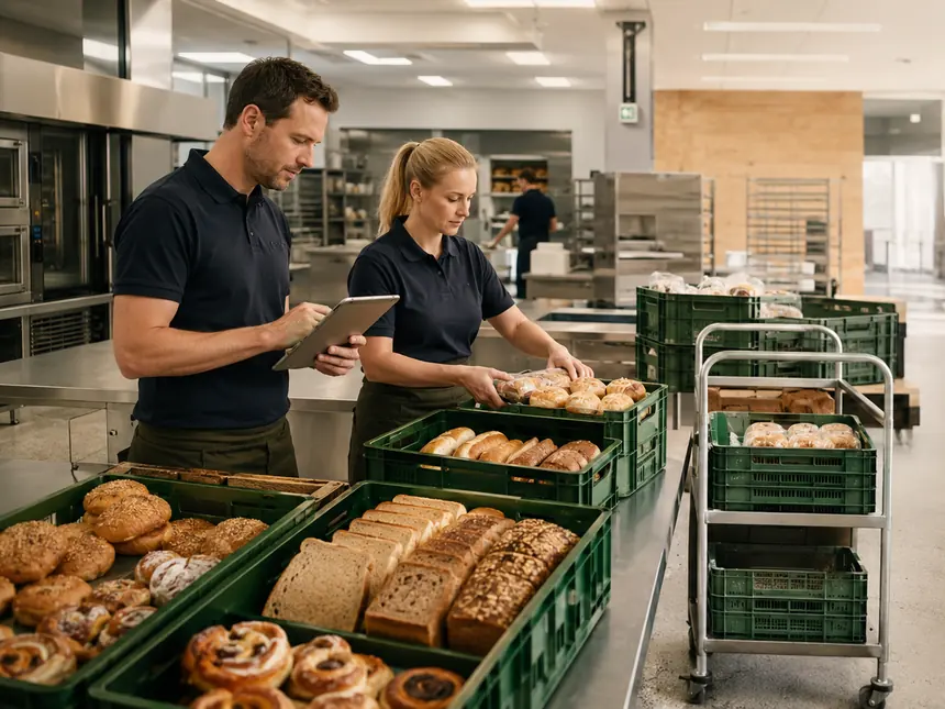 Großküche eines Caterers: zwei Mitarbeitende prüfen die Lieferung aus Transportkisten mit Brot, Brötchen und Schnecken.