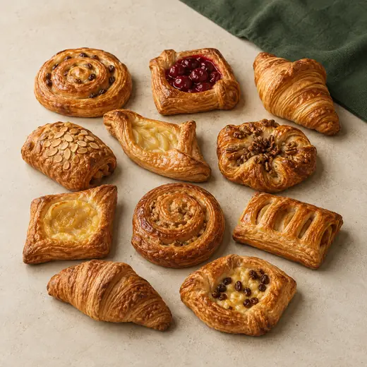 Feingebäck: Croissants, Plunderteilchen mit Pudding und Früchten, Nuss- und Rosinenschnecken.