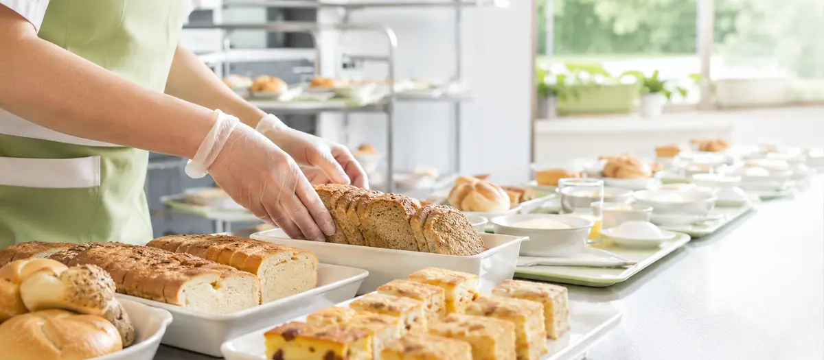 Frühstücksausgabe in einer Einrichtung: geschnittenes Brot, Brötchen und Blechkuchen auf Tabletts.