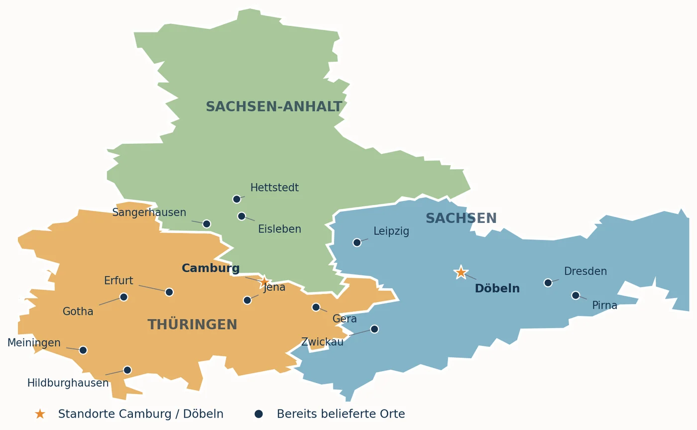 Liefergebiet der bakery sales Saale GmbH: Thüringen, Sachsen und Sachsen-Anhalt mit den Standorten Camburg und Döbeln sowie bereits belieferten Orten.