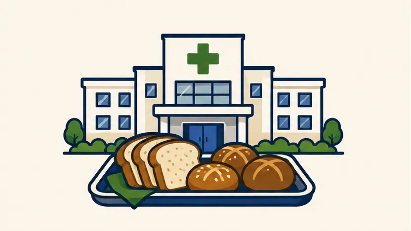 Piktogramm: Klinikgebäude mit einem Tablett voller geschnittener Brote und Brötchen.