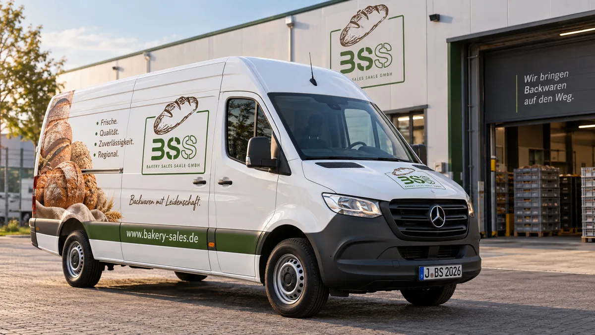 Weißer Lieferwagen der bakery sales Saale GmbH mit Brotmotiv auf der Seite vor dem Logistikstandort, im Hintergrund gestapelte Transportkisten am Tor.