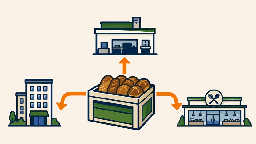 Piktogramm: eine Transportkiste mit Backwaren verteilt sich auf Betrieb, Kantine und Gastronomie.