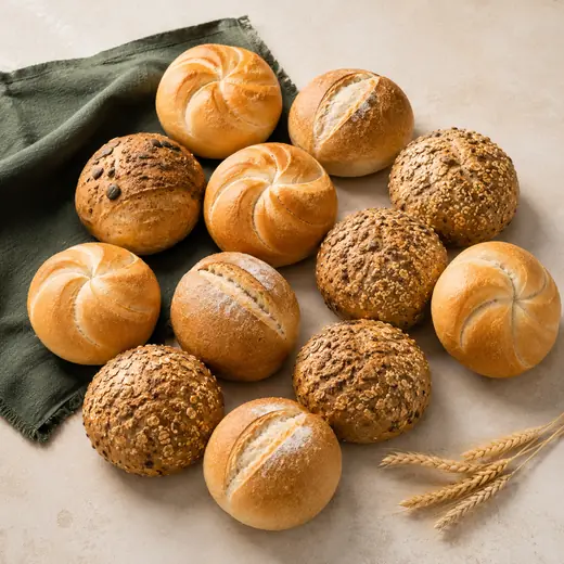 Frische Brötchen: Kaiserbrötchen, Schrippen sowie Körner- und Kürbiskernbrötchen.