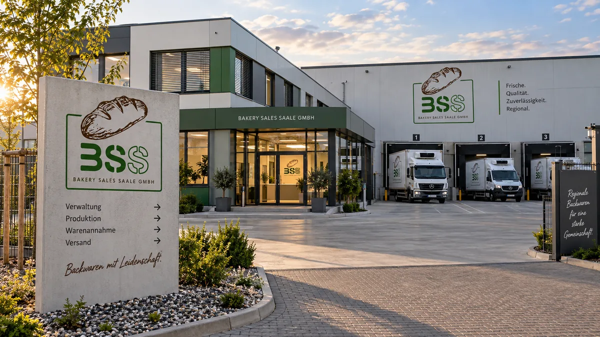 Logistikstandort Camburg der bakery sales Saale GmbH: Betriebsgebäude mit Firmenschild, drei Laderampen und Lieferfahrzeugen am frühen Morgen.