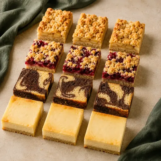 Geschnittener Blechkuchen: Apfel-Streusel, Kirsch-Streusel, Marmorkuchen und Käsekuchen.