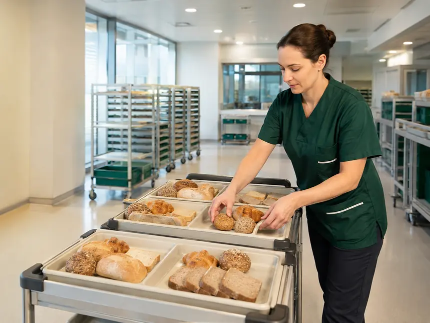 Pflegekraft in einer Klinik bestückt einen Tablettwagen mit geschnittenem Brot, Brötchen und Teilchen.