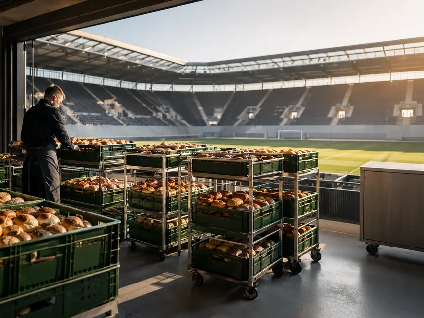 Stadiongastronomie vor dem Spiel: Rollwagen und Transportkisten voller Brötchen und Brezeln mit Blick auf das Spielfeld.