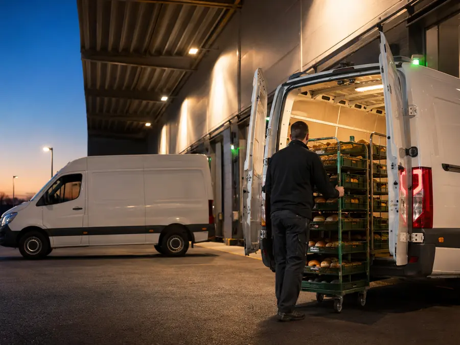 Nächtliche Beladung am Verladetor: Rollwagen mit frischen Backwaren wird in den Transporter geschoben.