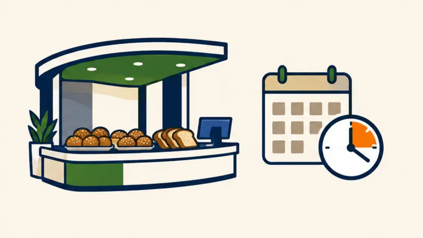 Piktogramm: Cateringtheke mit Backwaren, daneben Kalender und Uhr für Termin und Zeitfenster.