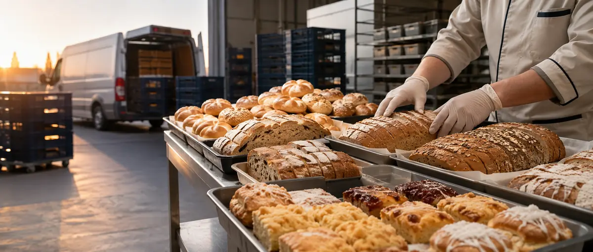 Kommissionierung im Morgenlicht: geschnittene Brote, Brötchen und Kuchen auf Blechen, daneben der beladene Transporter.